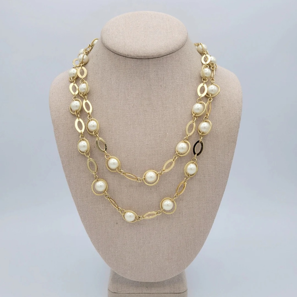 1373 Talbots Gold Tone Faux Pearl Station Layered Necklace